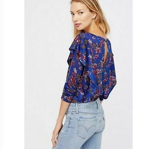 FREE PEOPLE l Blue Floral Dock  Street Ruffle Top XS